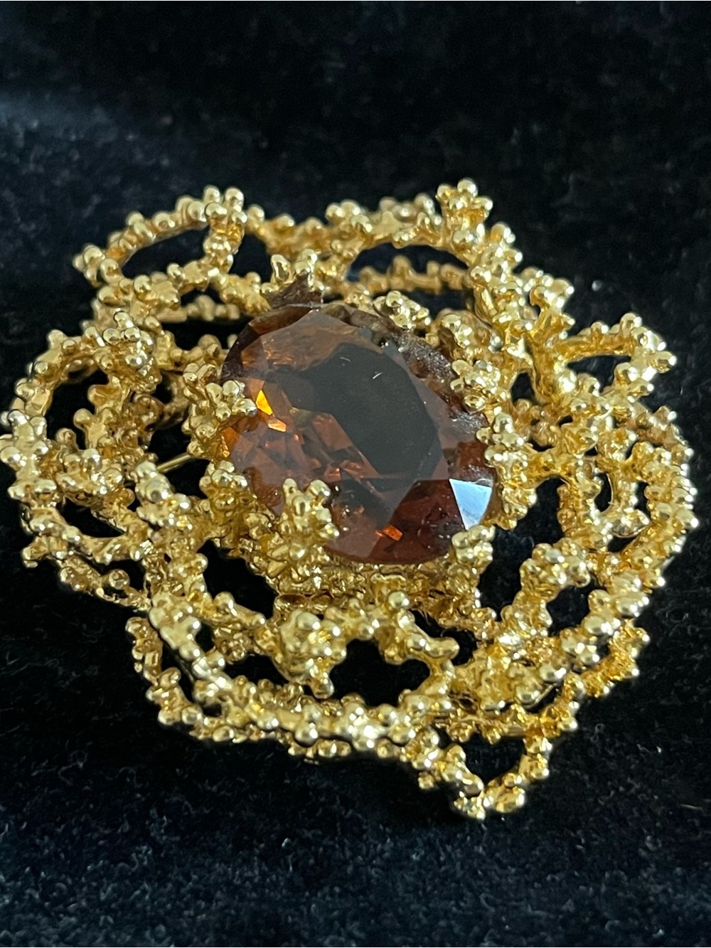 Vintage Panetta Brutalist Orange Gemstone Gold Tone Modernist Brooch Signed